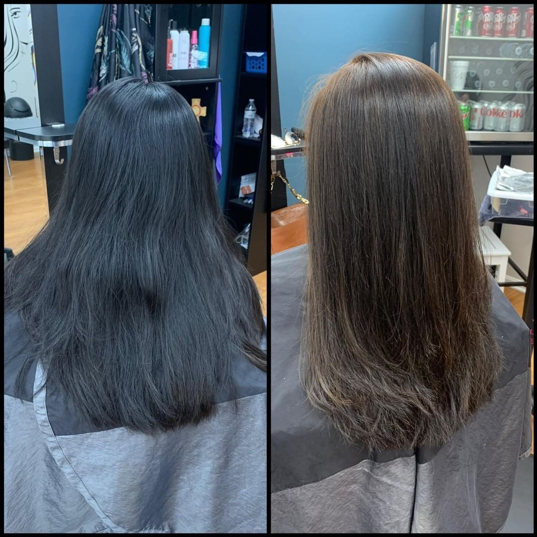 Back view comparison of long hair before and after a salon treatment, with smoother, lighter-brown results