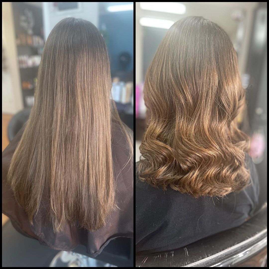 Hair transformation: long straight brown hair before, soft curled style after.
