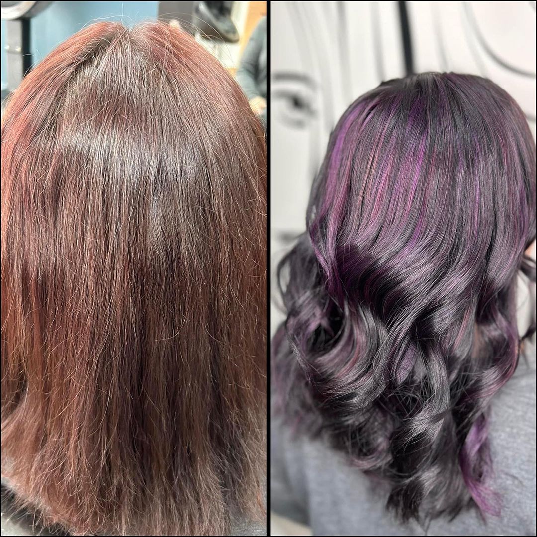 Hair color transformation: brown hair before and wavy dark purple-black hair after.