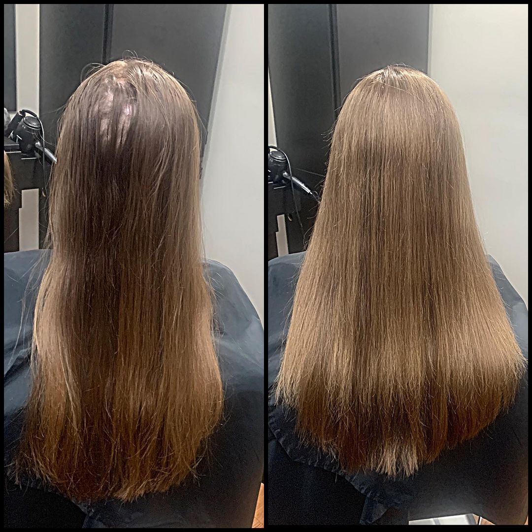 Before-and-after back view of long brown hair, showing smoother, fuller ends after treatment