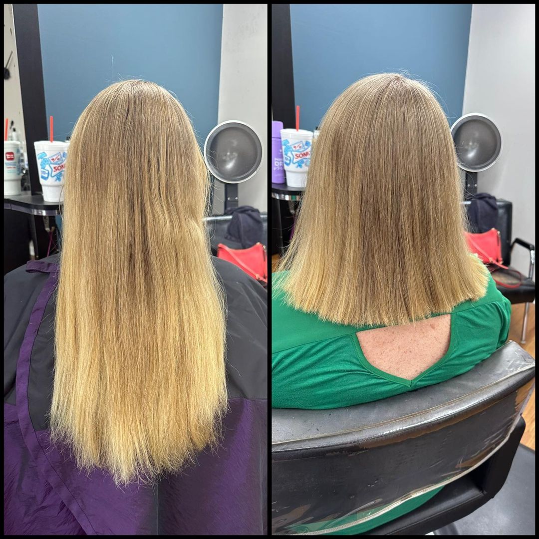 Hair before-and-after: long blonde hair transformed into a shorter blunt cut in a salon chair