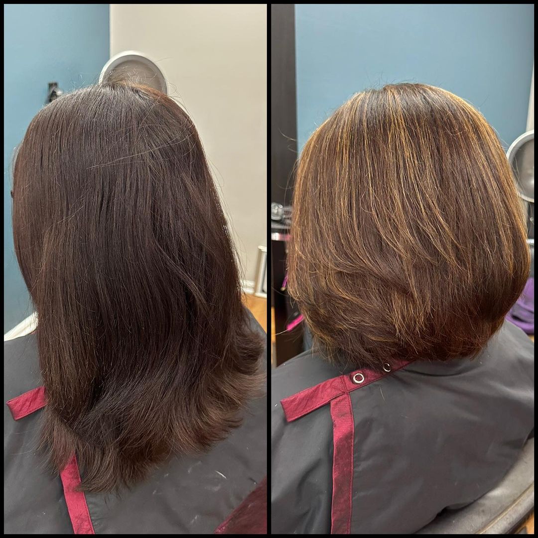 Side-by-side back view of a woman's hair before and after a haircut, showing shorter layered style.