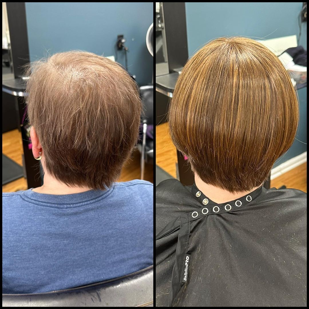 Back of head comparison: thinning hair before and fuller, styled hair after in a salon chair