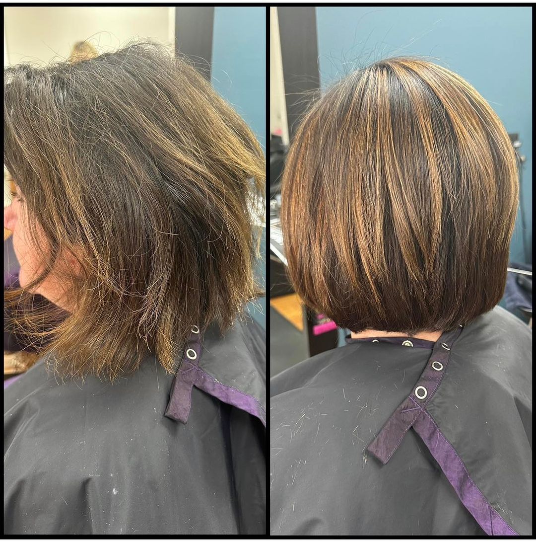 Hair salon before-and-after: frizzy curls smoothed into a sleek, shoulder-length bob