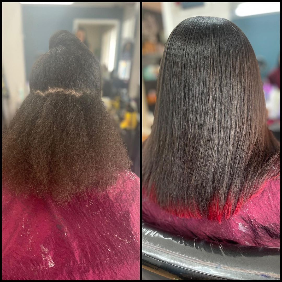 Before-and-after hair treatment: frizzy hair transformed into smooth, straightened hair.