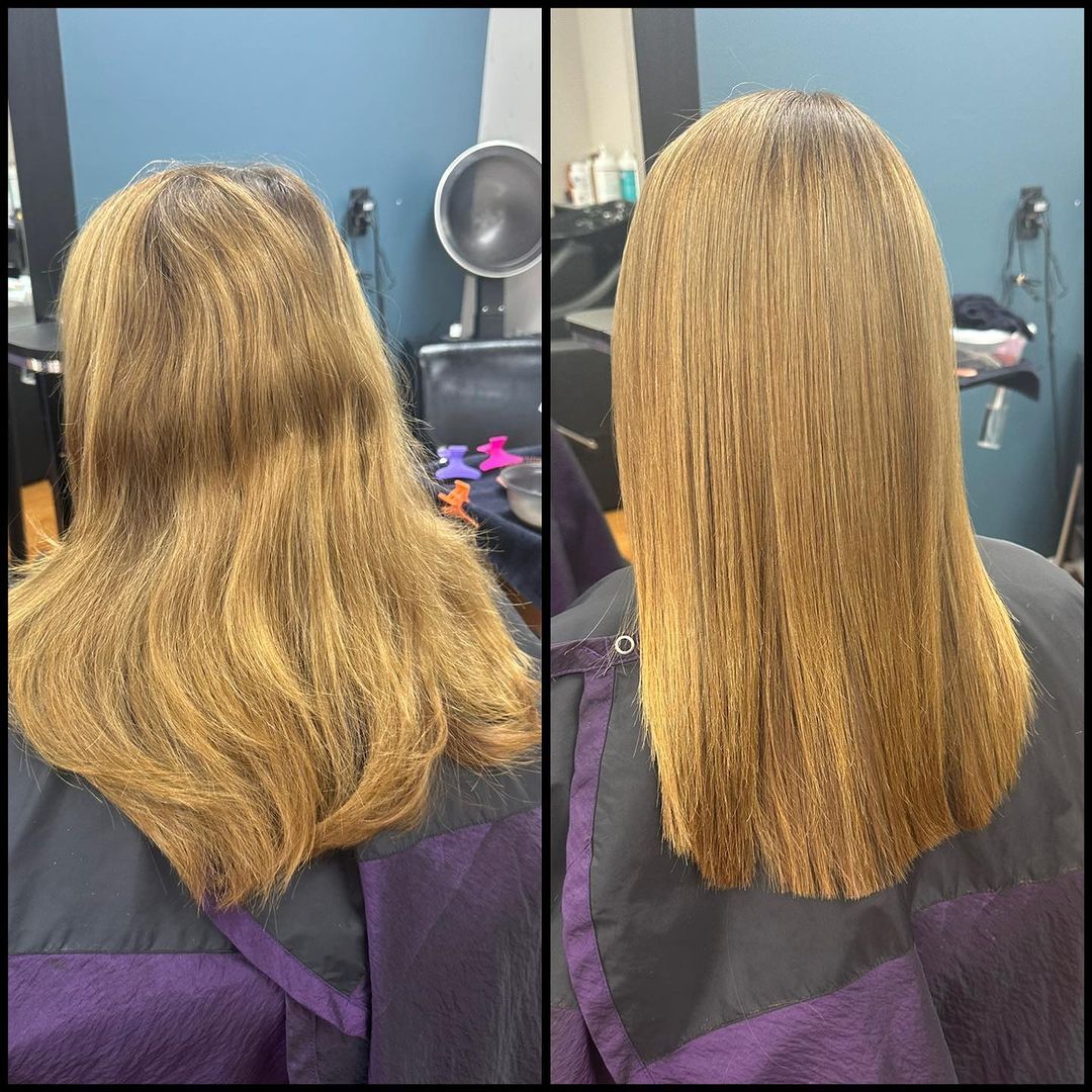Before-and-after hair view: wavy shoulder-length blond hair styled into straight, smooth, sleek strands.