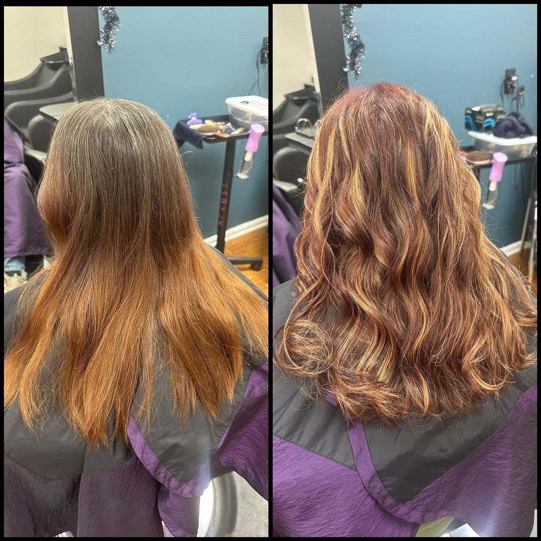 Hair transformation in a salon: straight brown hair before, soft wavy curls after.