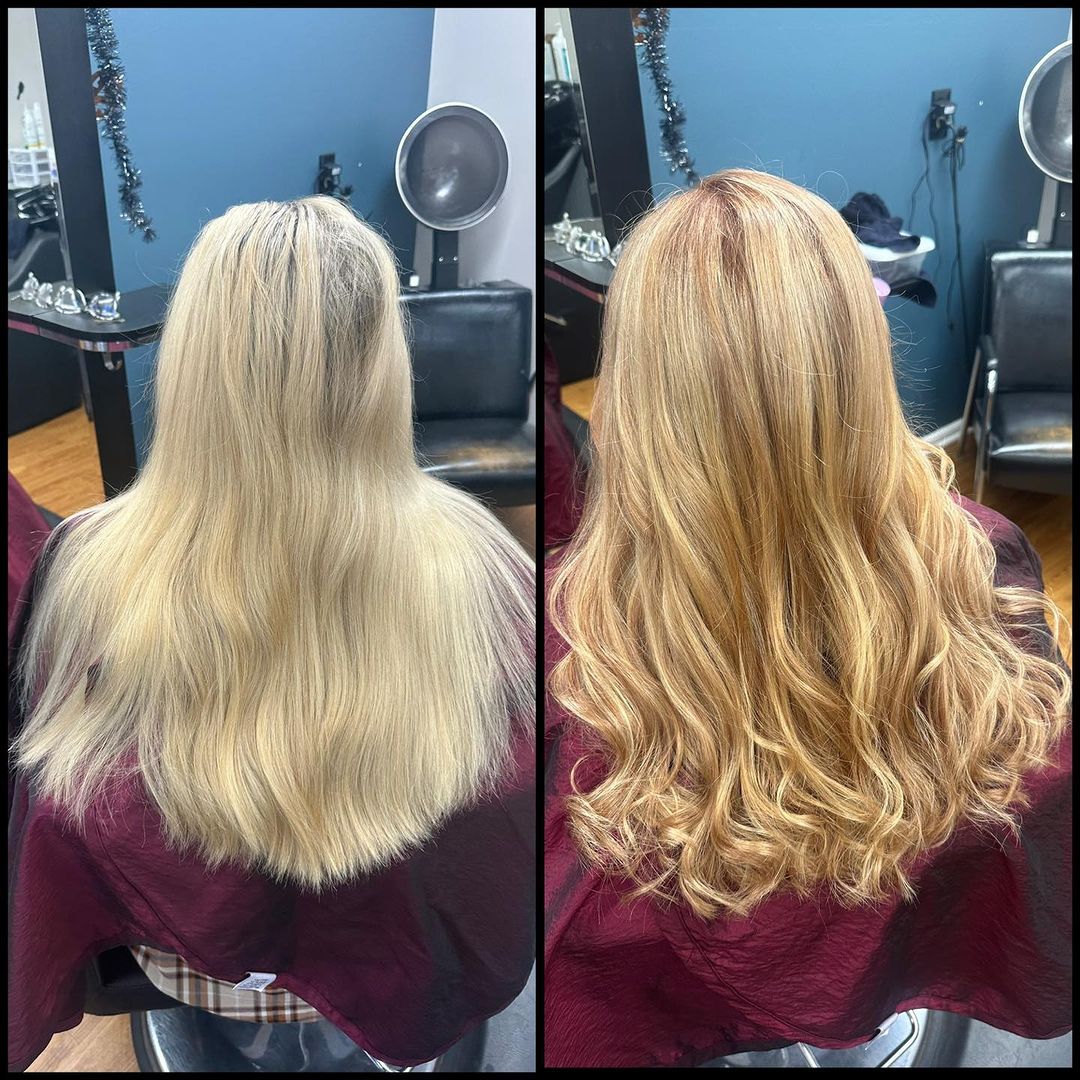 Before-and-after salon photo of blonde hair, showing smoother straight hair transformed into loose waves.