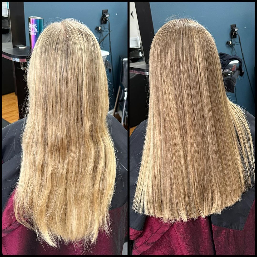 Split-view of long blonde hair before and after a straight, shoulder-length trim in a salon chair