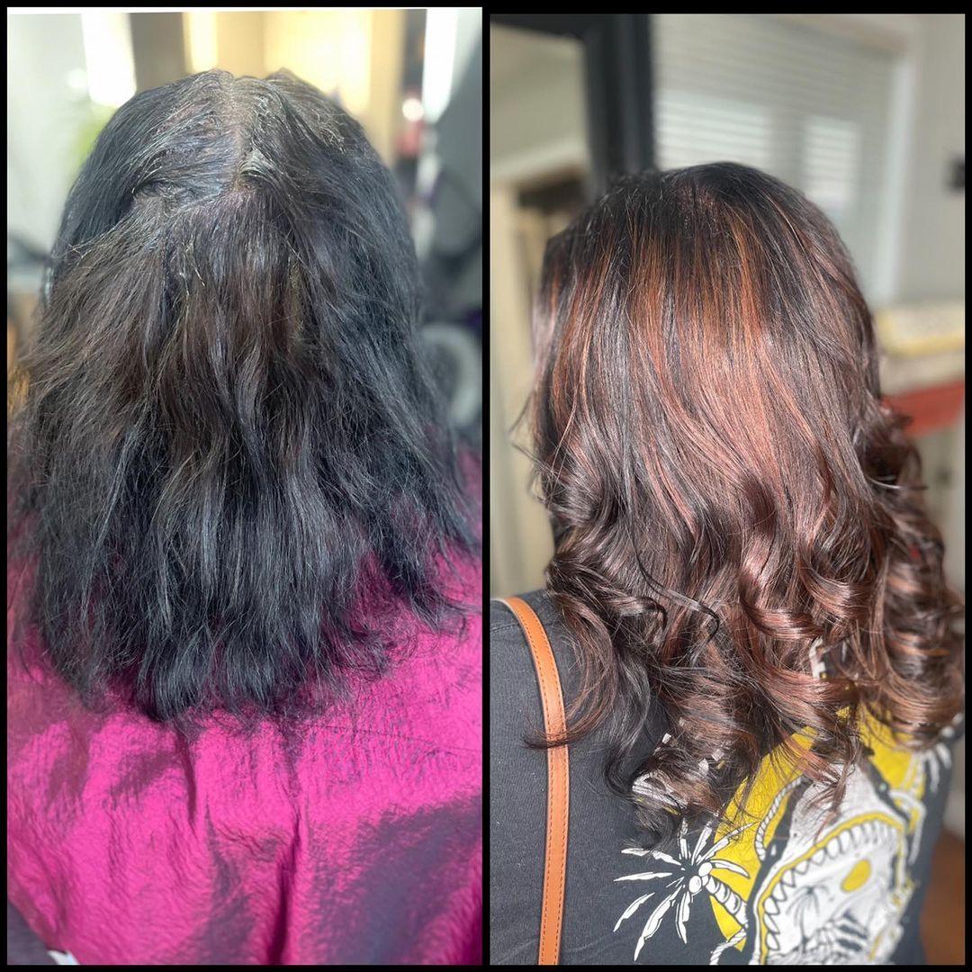 Hair transformation: frizzy black hair before, curled and smoother after, shown side by side.