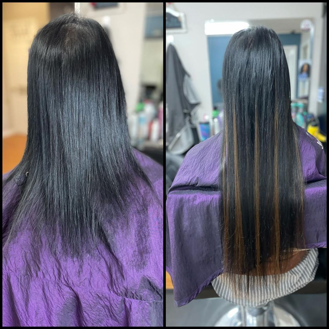 Before-and-after view of long straight black hair, showing smoother, sleeker results in a salon chair.