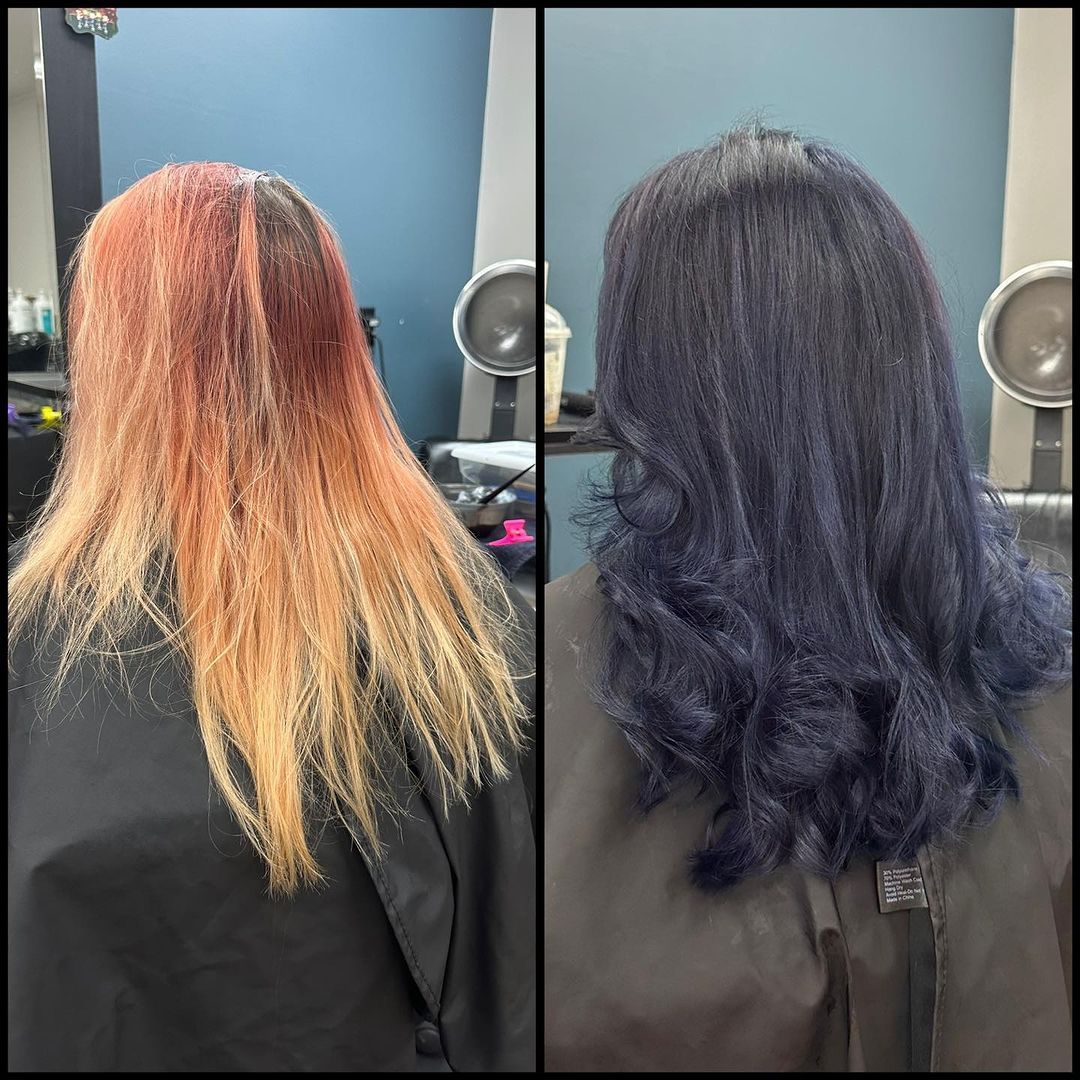 Split-view of hair before and after coloring: copper ends transformed to dark purple waves.