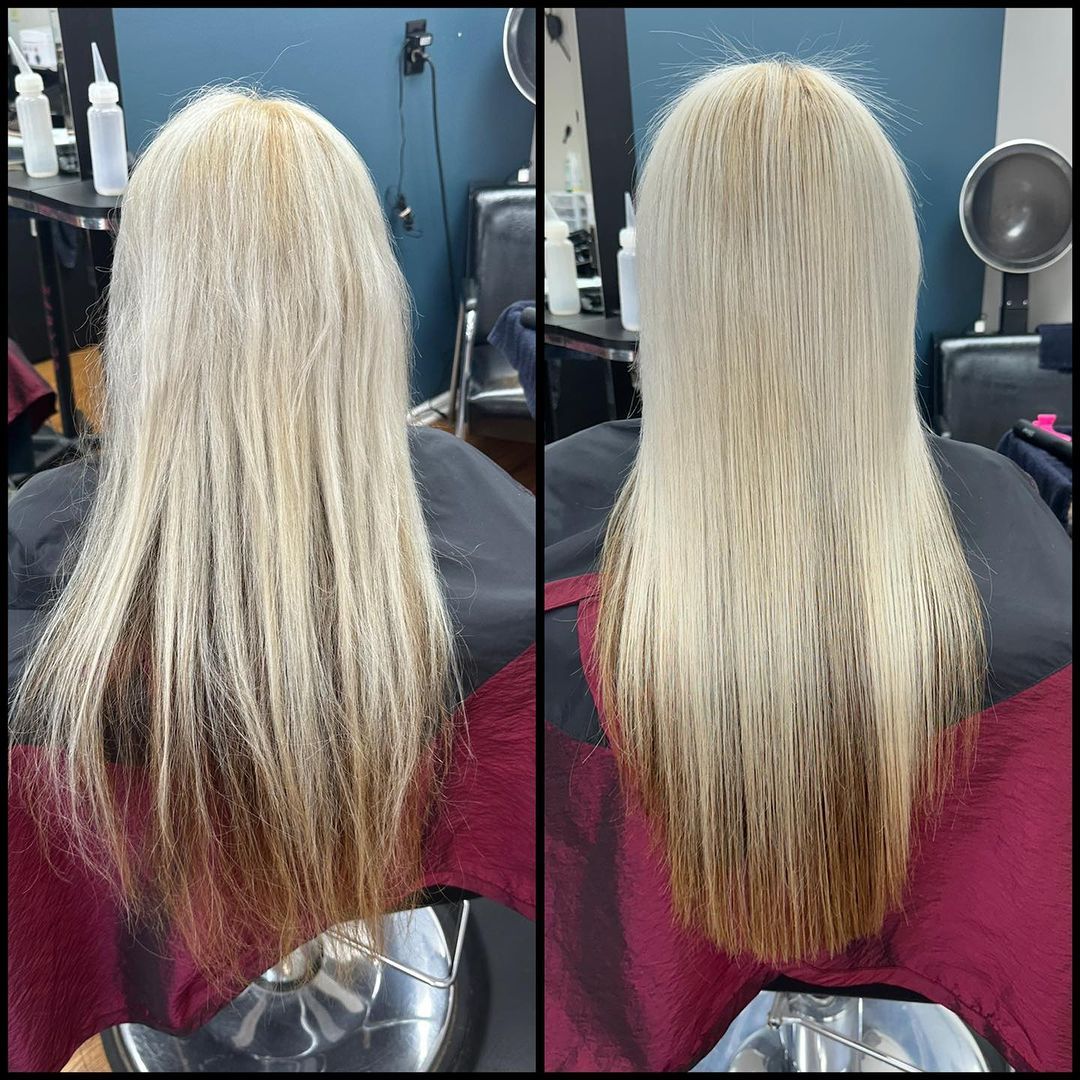 Side-by-side salon photos of long blonde hair before and after styling, shown from the back