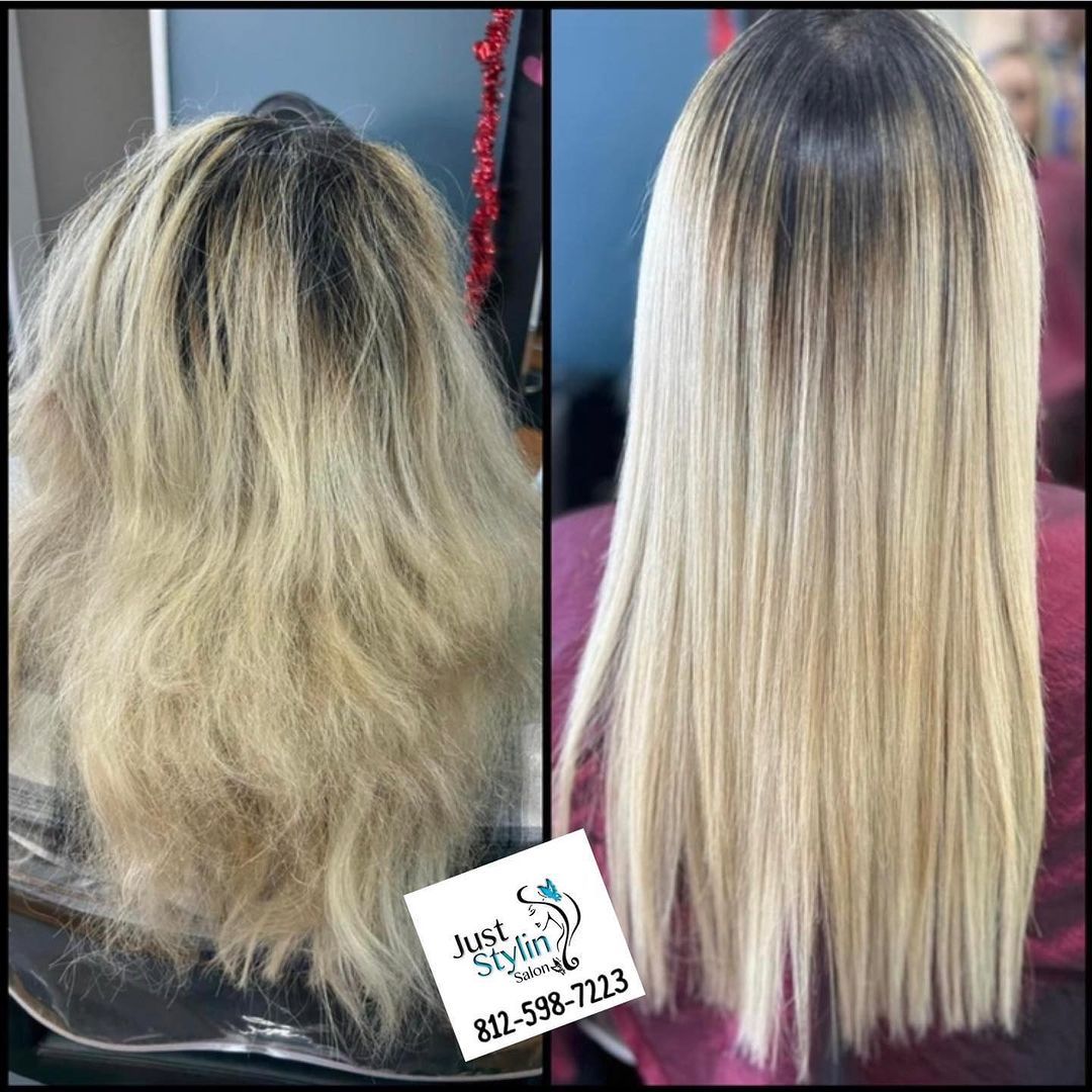 Before-and-after blonde hair transformation, showing frizzy and smooth straightened styles.