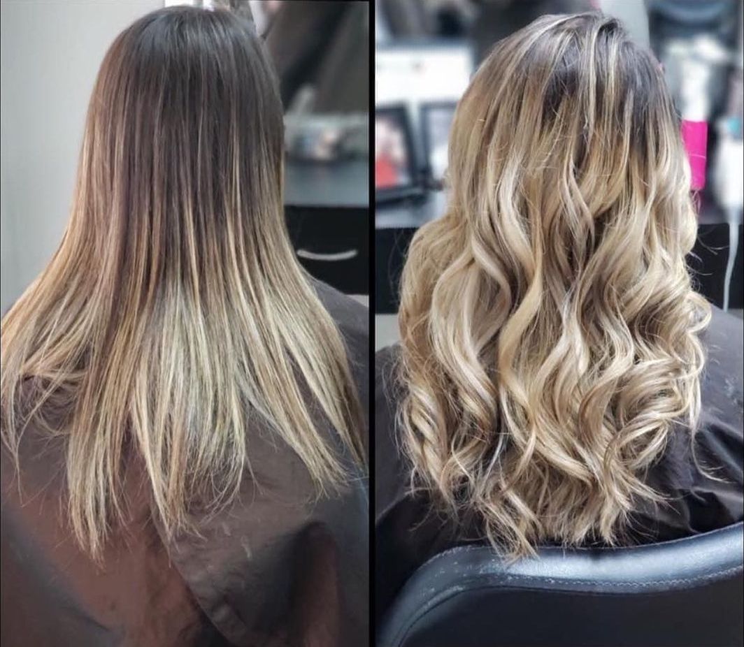Before-and-after hair transformation: straight, dark blonde to curled, highlighted blonde hair.