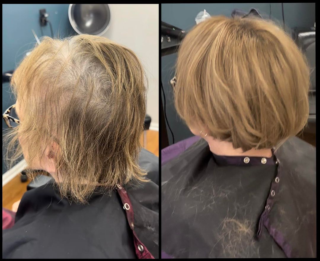 Before-and-after salon photos of a short blonde haircut transformation.