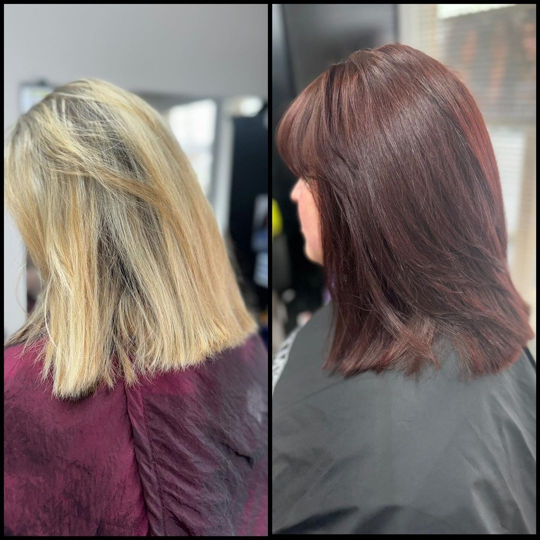 Split-screen salon photo showing shoulder-length hair before and after: blonde to deep auburn brown.