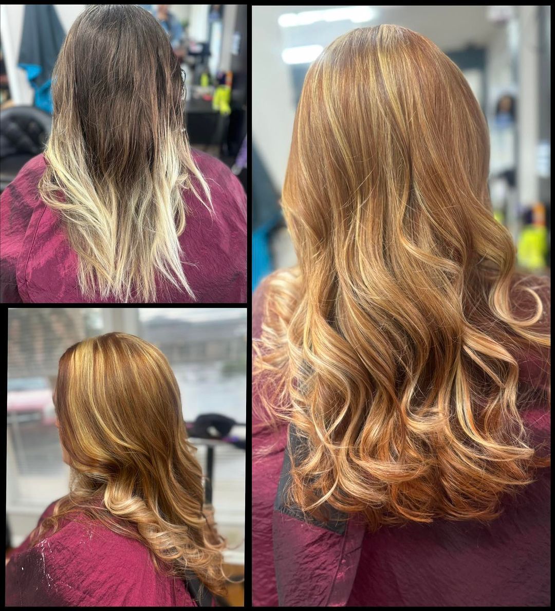 Hair color transformation collage showing long wavy brown hair with blonde ombré highlights.