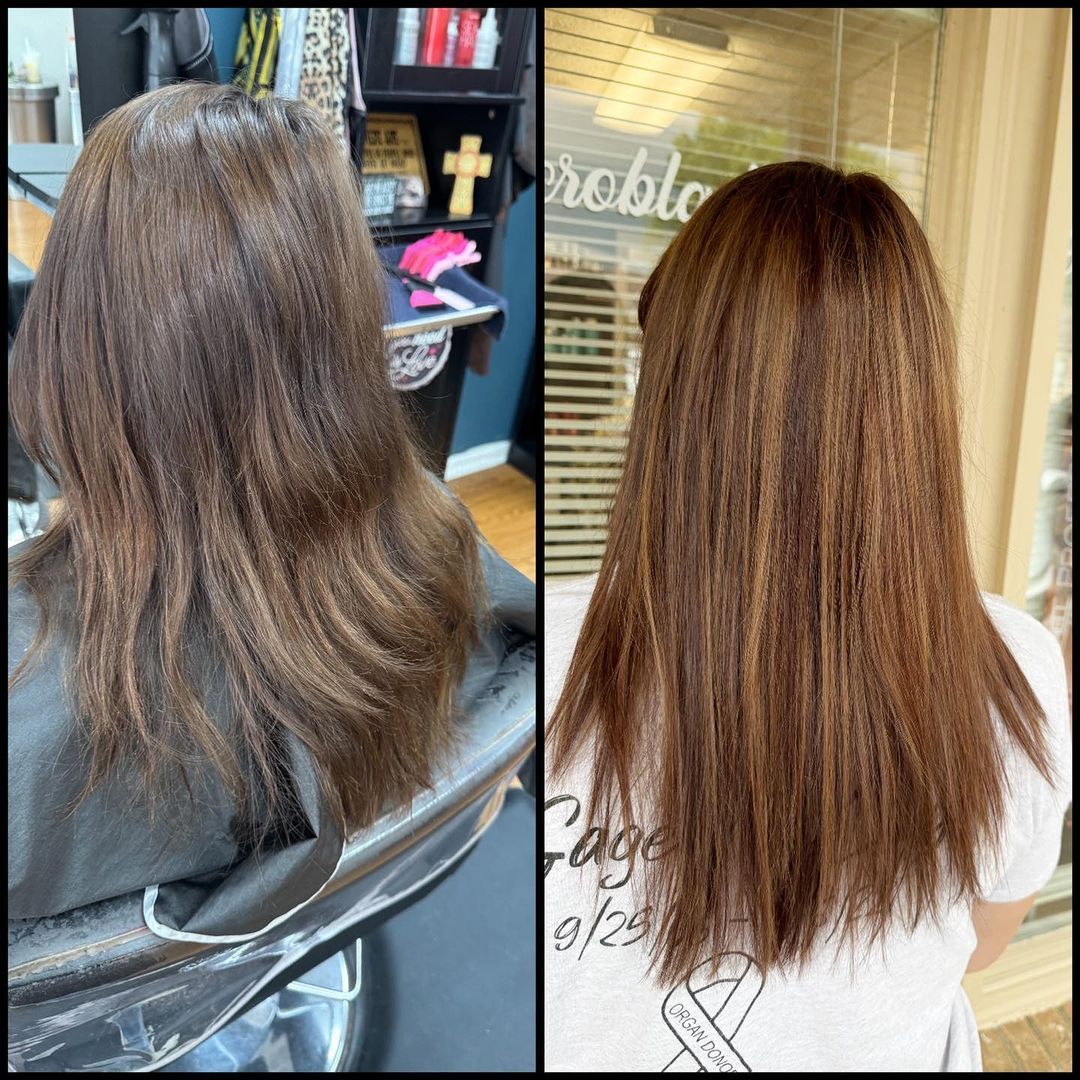 Before-and-after view of a long brown hair haircut and color transformation in a salon