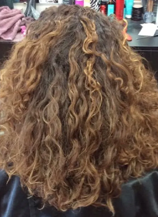 Curly brown hair with blonde highlights, viewed from behind in a salon chair