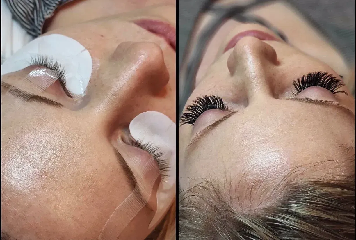 Close-up of eyelash extension application on a person's closed eyes, showing before and after results.