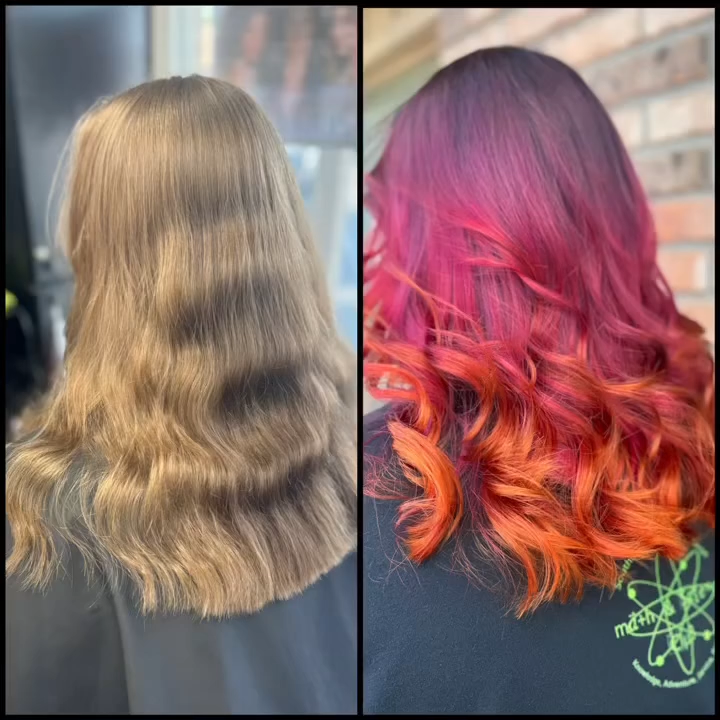Side-by-side hair color comparison: blonde waves on the left, pink-to-orange ombrÃ© waves on the right.