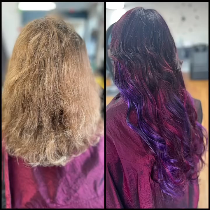Side-by-side salon hair transformation: frizzy blonde before, smooth wavy purple ombrÃ© after.
