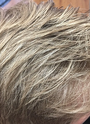 Close-up of short, spiky blond hair with darker roots.