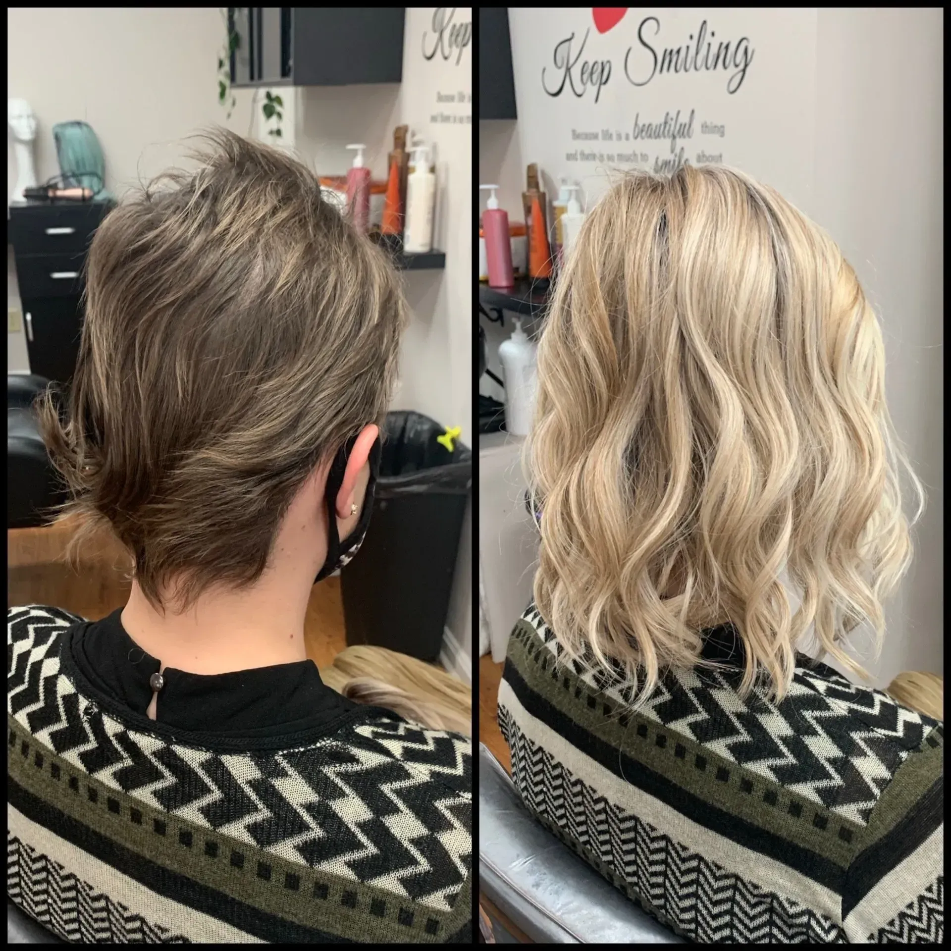 Side-by-side salon hair makeover: short brown cut transformed to long, wavy blonde highlights.