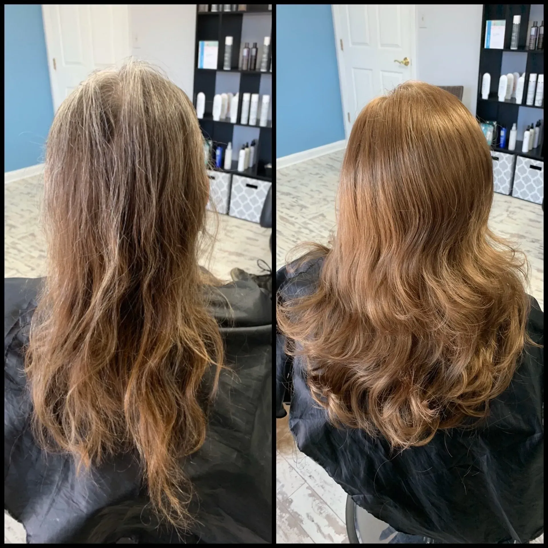 Side-by-side salon photos of long brown hair, showing a before-and-after color and curl transformation.