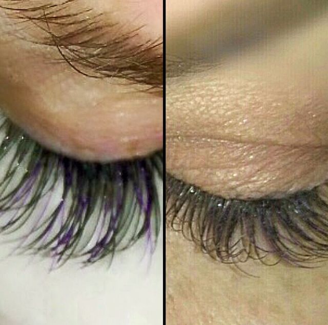 Close-up of a closed eye with mascara, shown in a side-by-side before-and-after comparison.