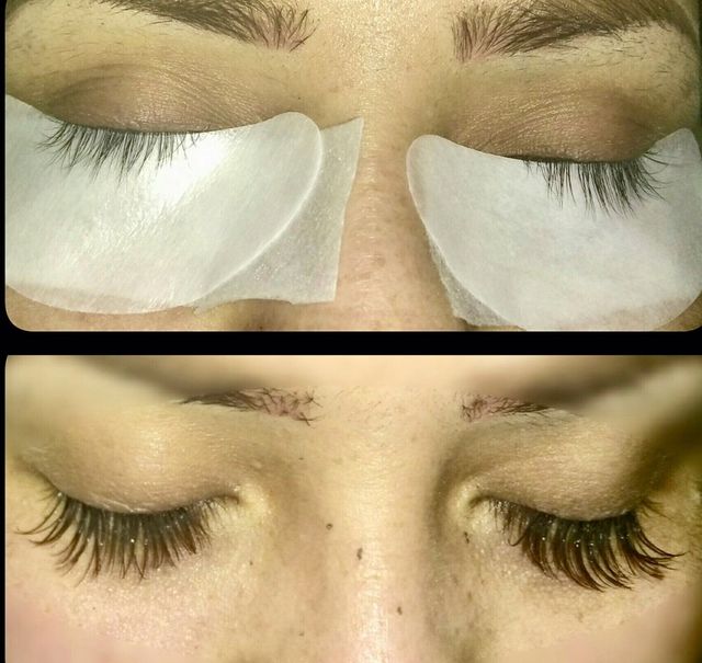 Close-up of closed eyes before and after eyelash extensions, with eye pads on the upper image.