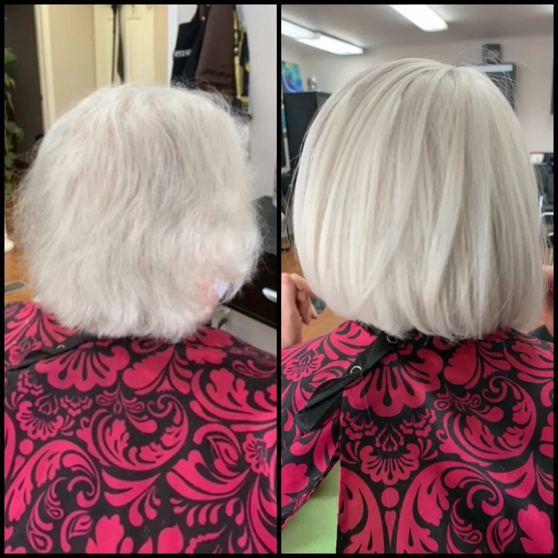 Back and side view of short white layered haircut with a dark pink floral cape in a salon