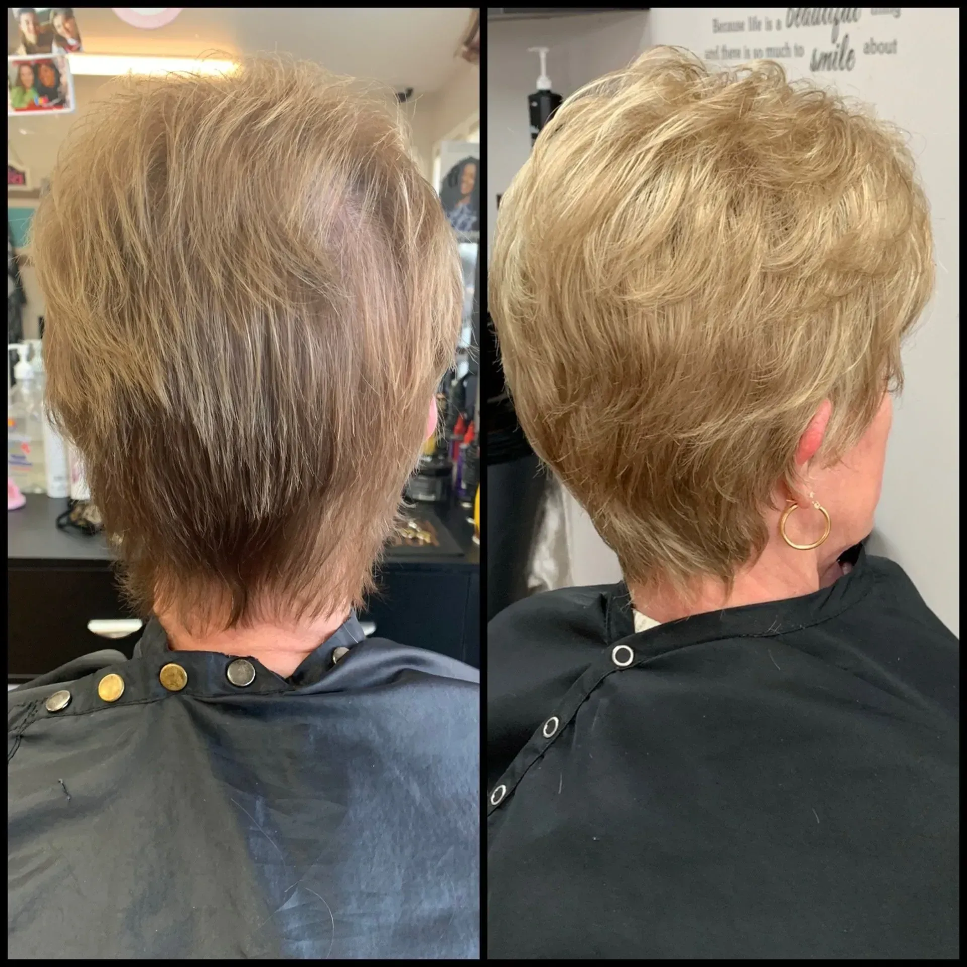 Haircut before-and-after: short layered blonde hairstyle from the back and side.