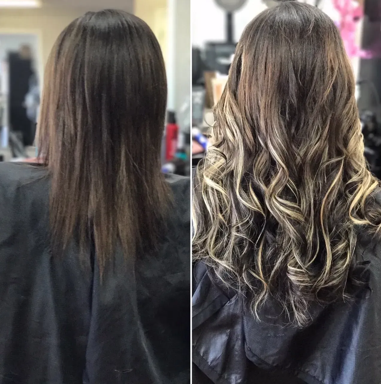 Before-and-after salon photo of long dark hair transformed into wavy highlights.