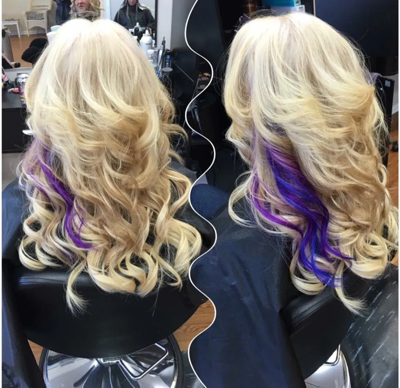 Side-by-side salon hairstyle photos: long blonde curls, one with purple streaks underneath.