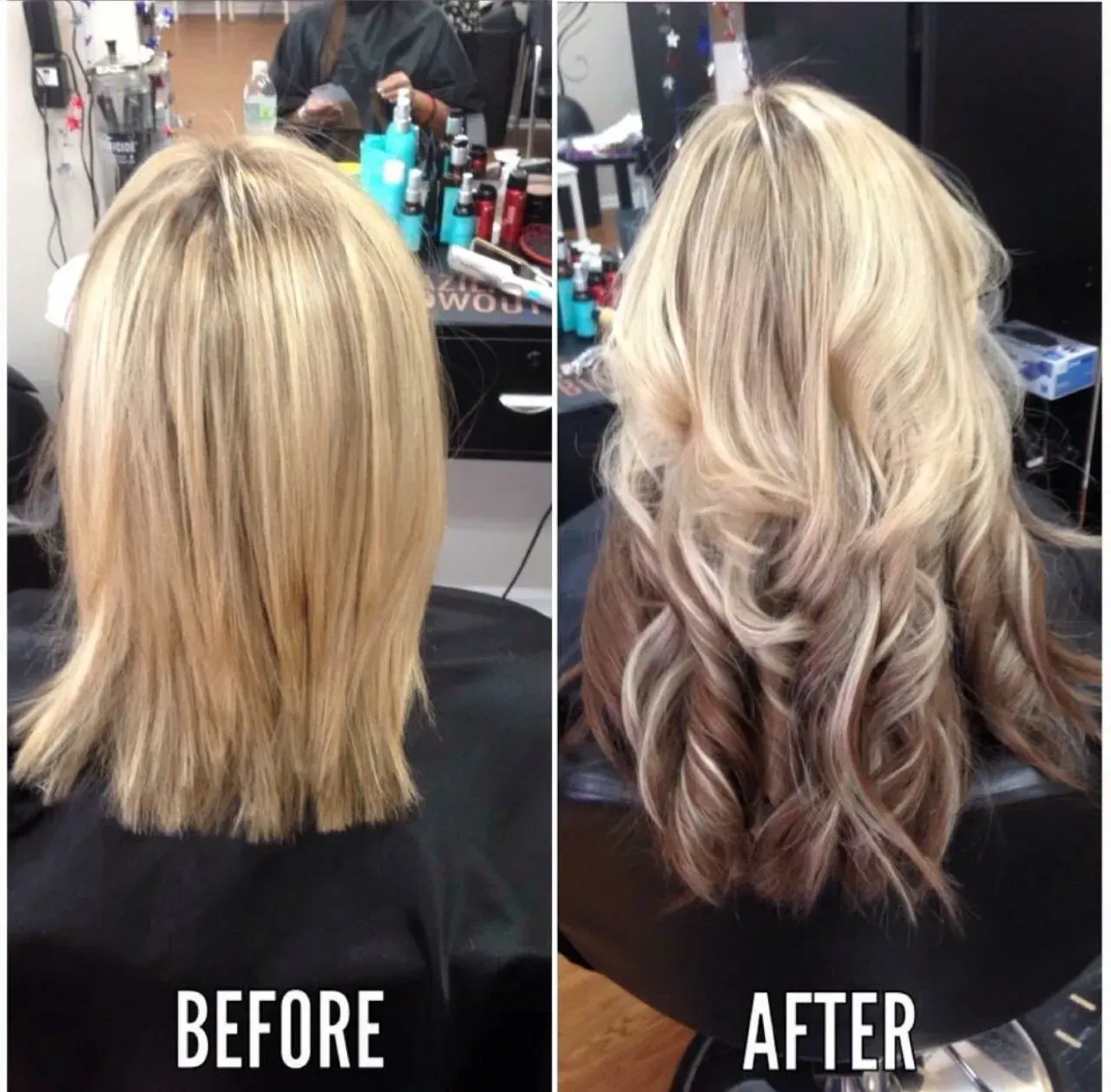 Hair salon before-and-after: blonde hair transformed into long, wavy balayage with brown ends.