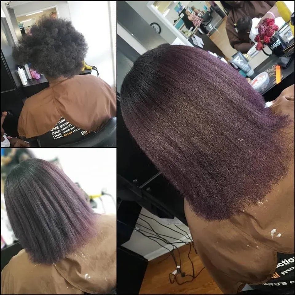 Collage of a short haircut transformation, showing natural curls and a sleek burgundy bob from the back.