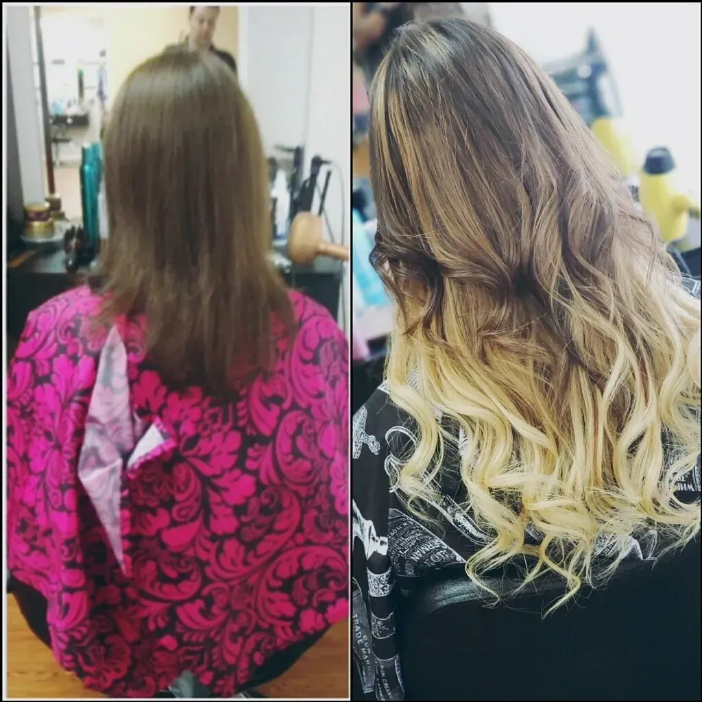 Before and after hair transformation: brown shoulder-length hair changed to blonde ombrÃ© curls.