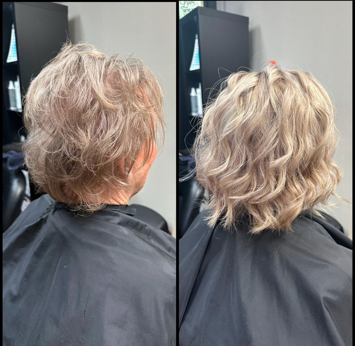 Before-and-after back view of short wavy hair with a lighter, fuller layered cut.