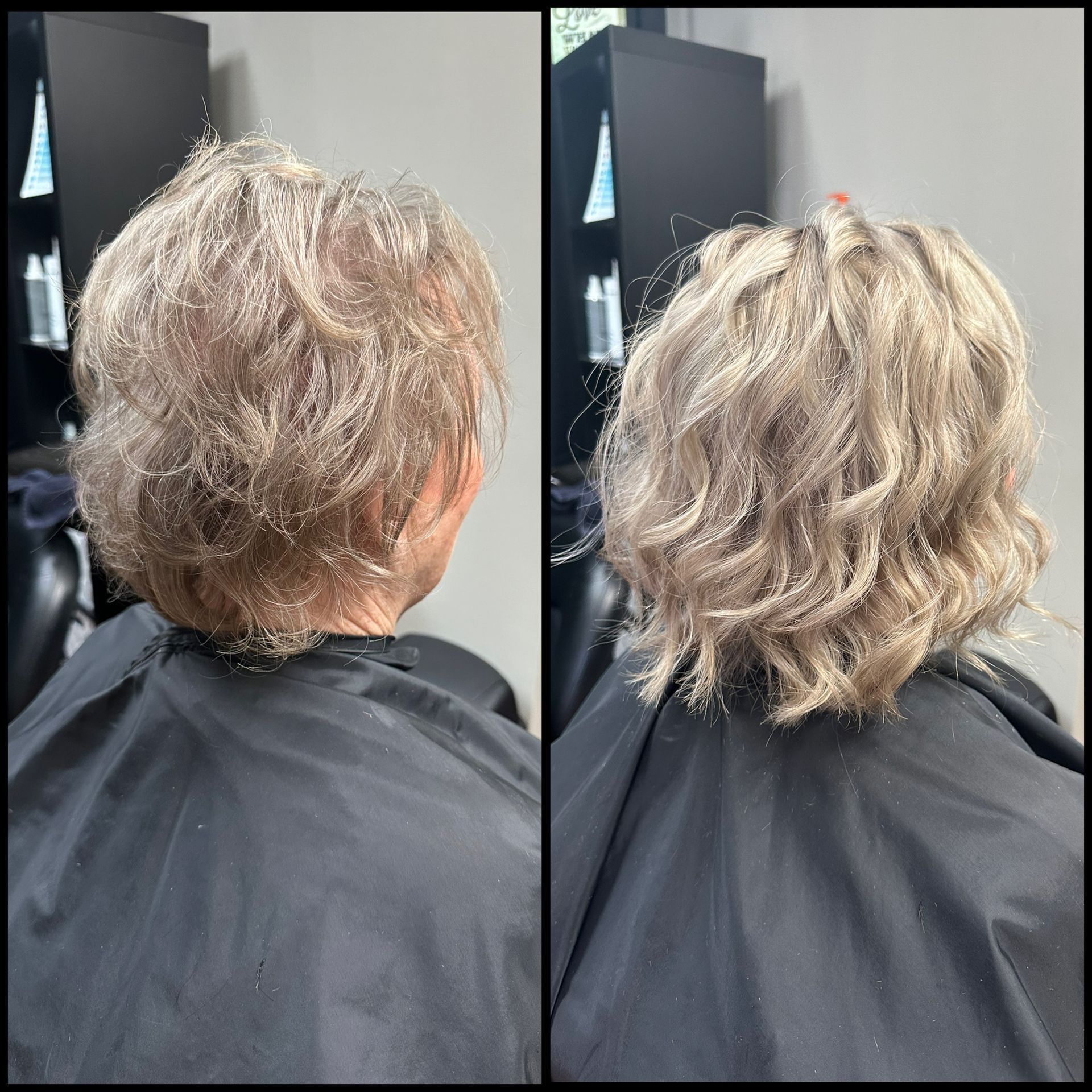 Back view of a short wavy blond haircut, shown before and after styling in a salon.