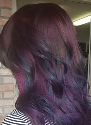 Dark burgundy and purple wavy hair with black lowlights, shown from the back in a salon setting