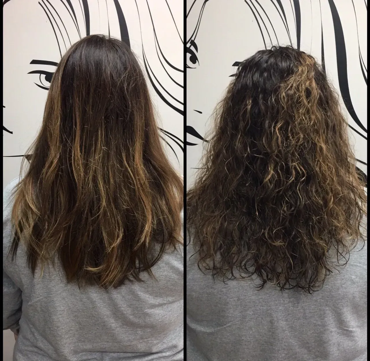 Back view of long wavy brown hair before and after treatment, shown side by side