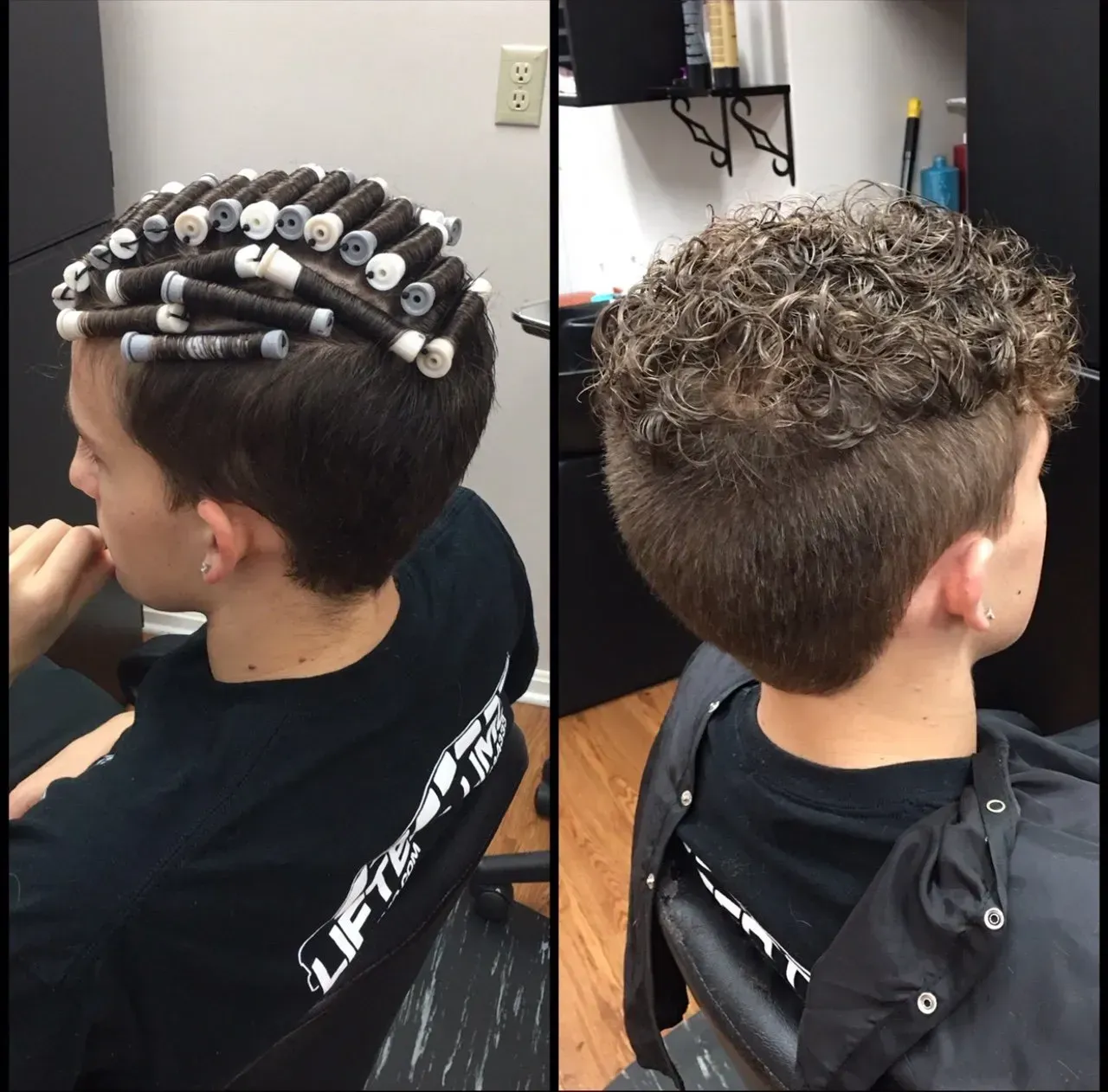 Side-by-side salon photos of a short curly haircut with rods on top and a tapered back and sides