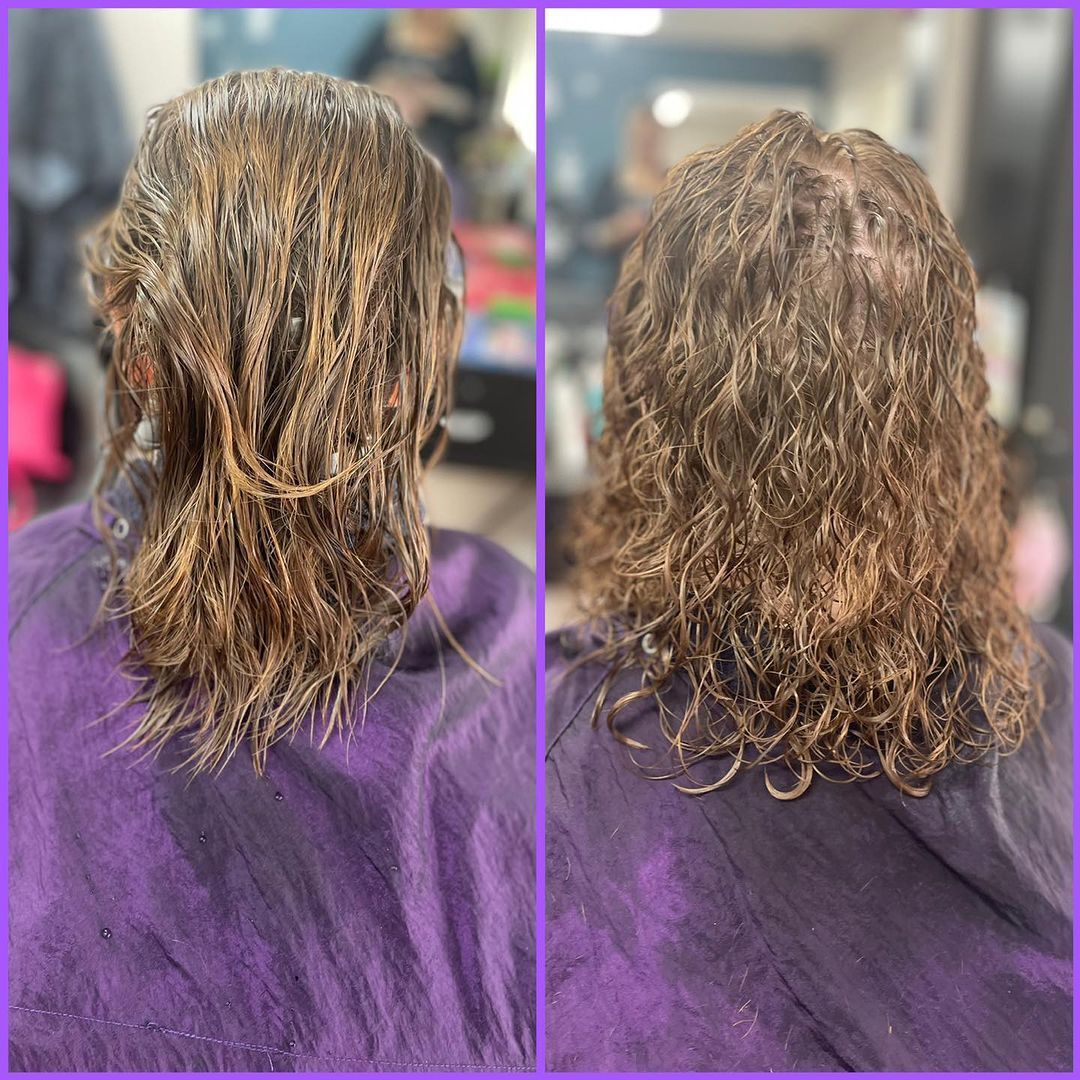 Side-by-side hair comparison showing wet, wavy brown hair before and after styling on a purple cape