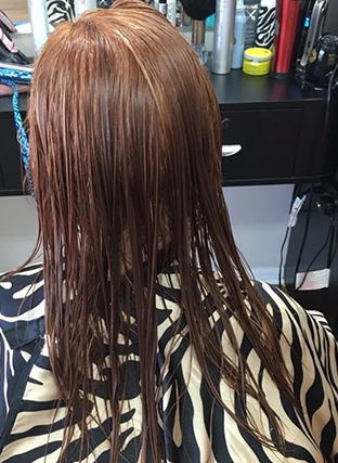 Wet brown hair on a salon cape, viewed from behind at a hair styling station.