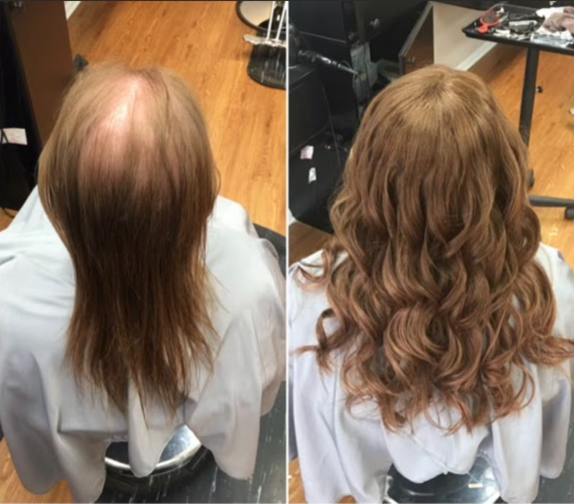 Side-by-side hair transformation: thin, straight hair before and long, curled hair after.