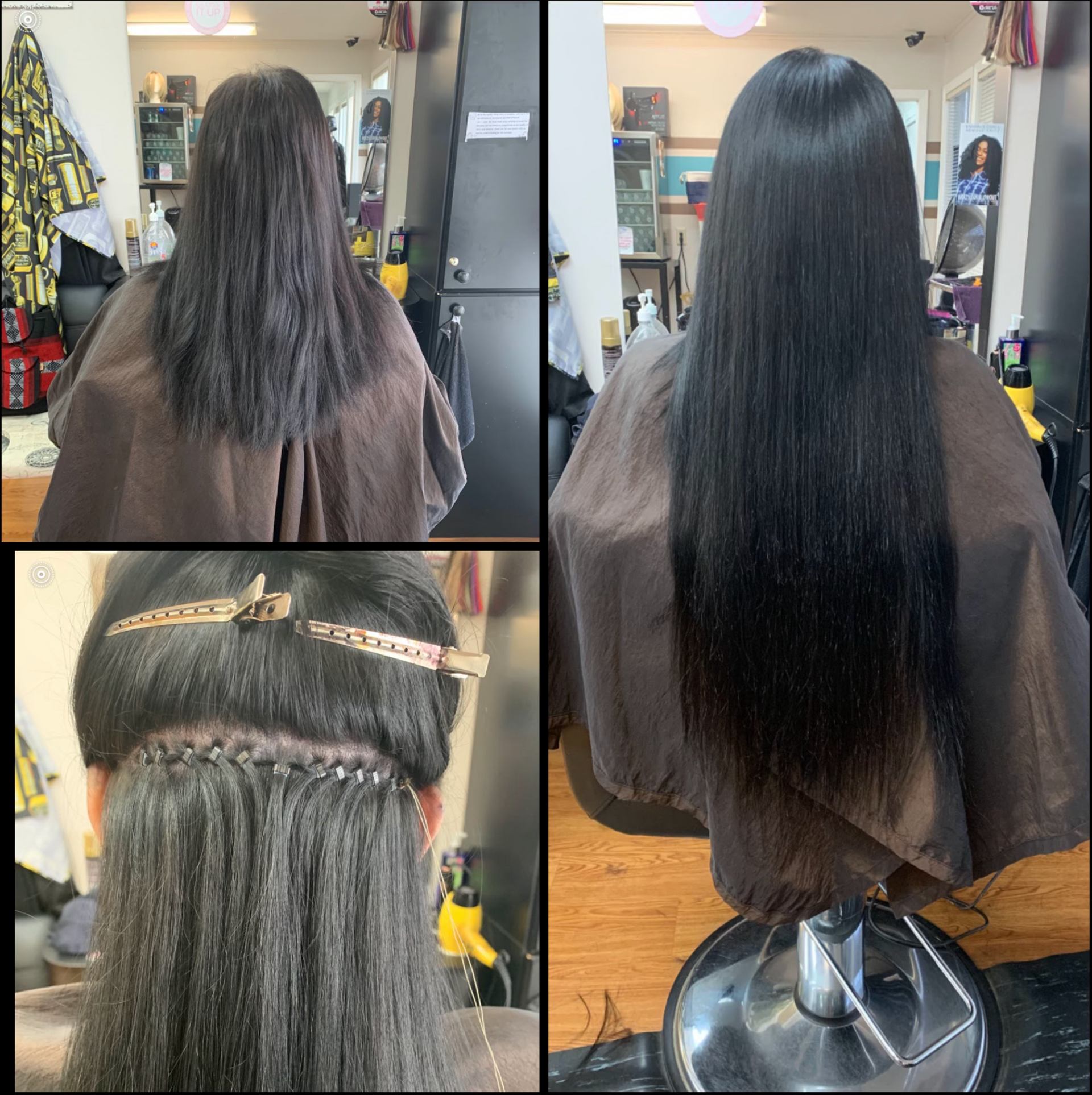 Hair extension transformation collage showing before-and-after long, sleek black hair results in a salon.