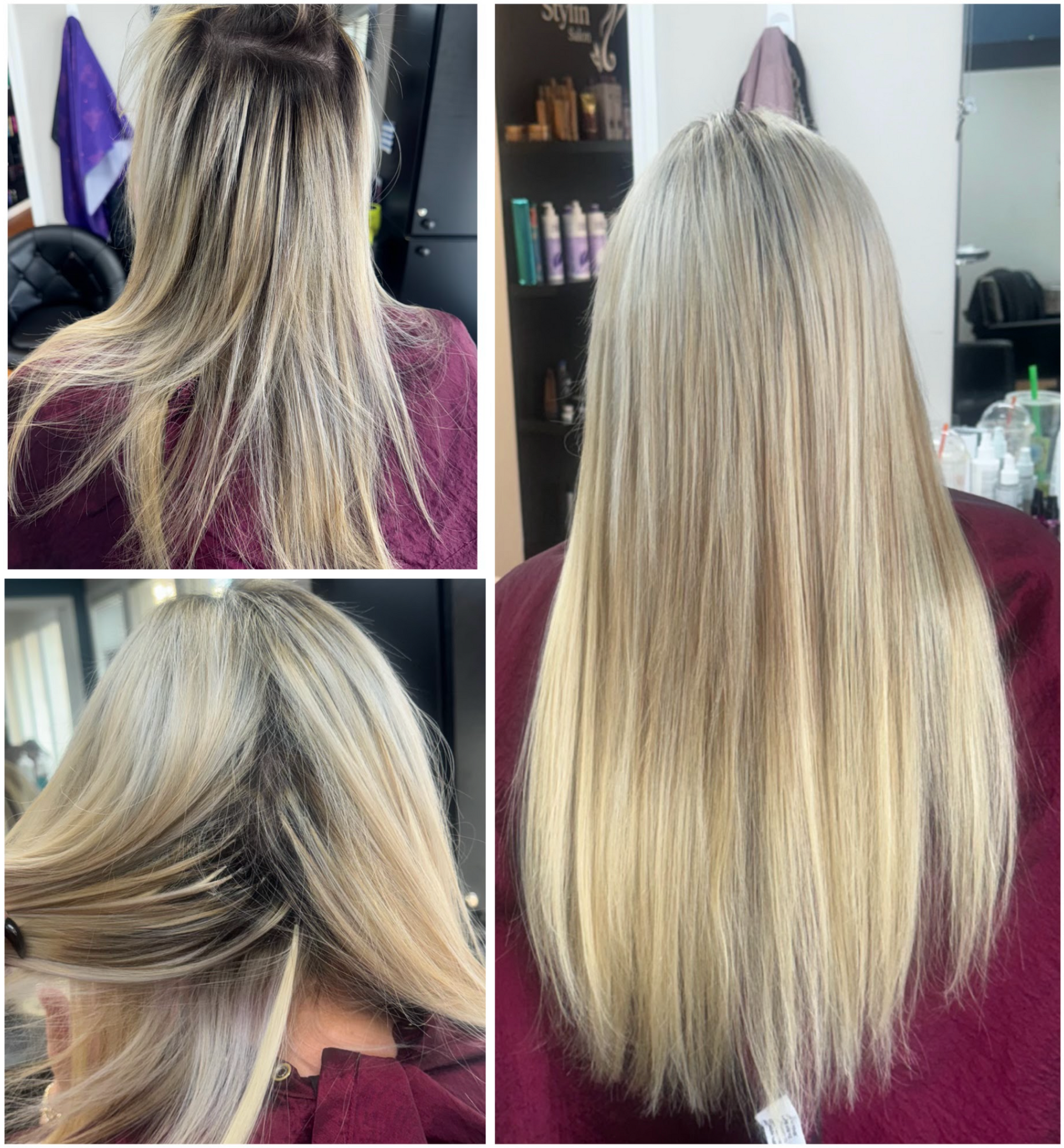 Three-panel collage showing blonde hair makeover before and after highlights and smoothing