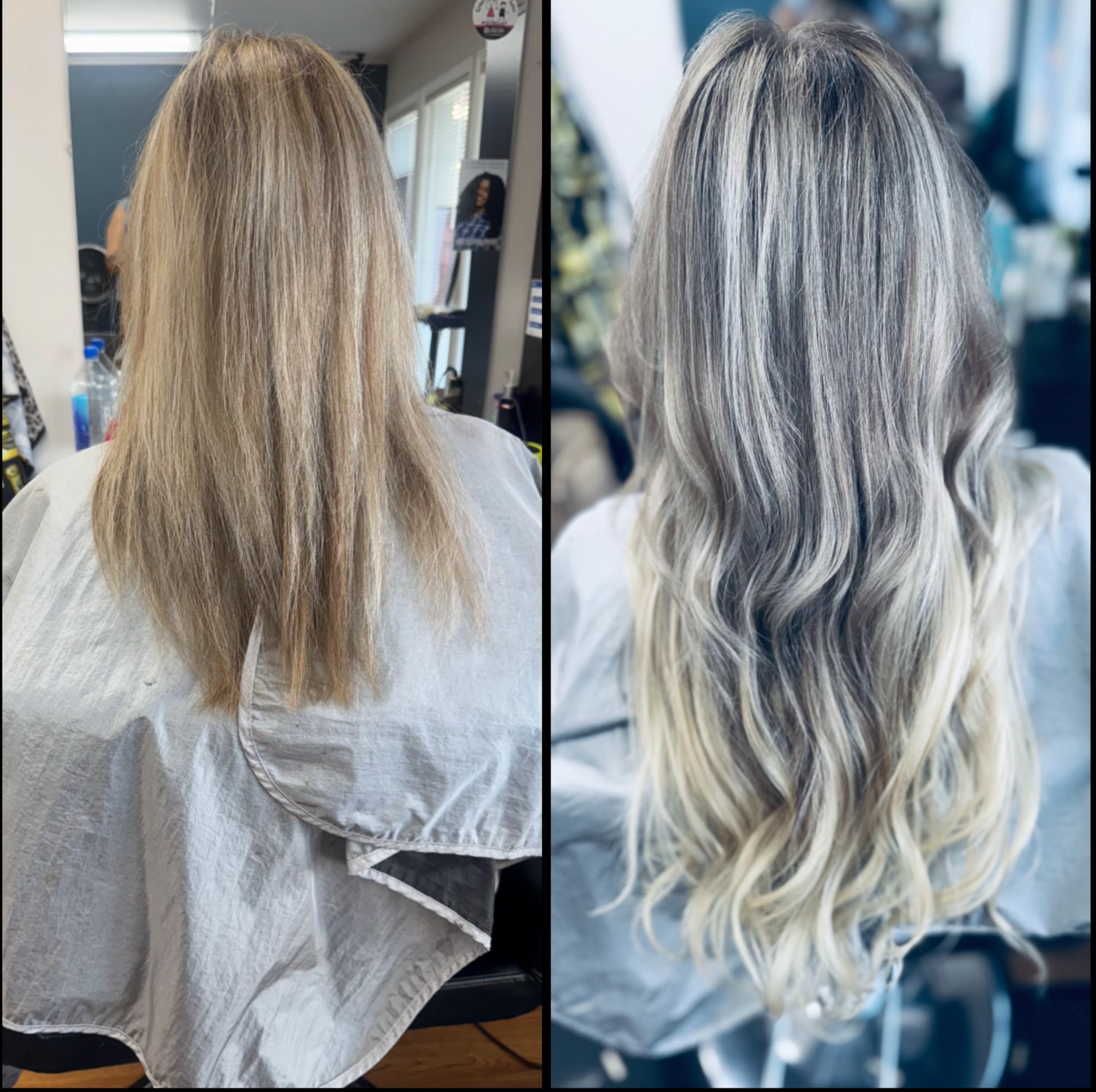 Before-and-after salon hair transformation: blonde hair changed to silver-gray ombrÃ© waves.